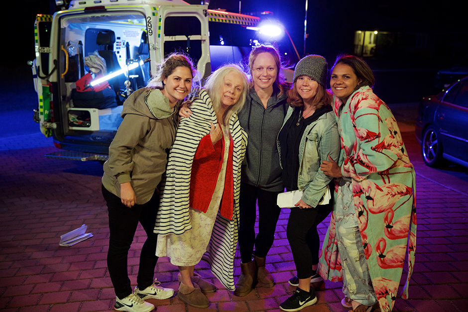 On the set of MOLLY AND CARA. L-R: Emilia Jolakoska (producer), Lynette Curran (Molly), Hayley McElhinney (Dee), Miley Tunnecliffe (director) and Rarriwuy Hick (Cara). Photo by Danni Booth.